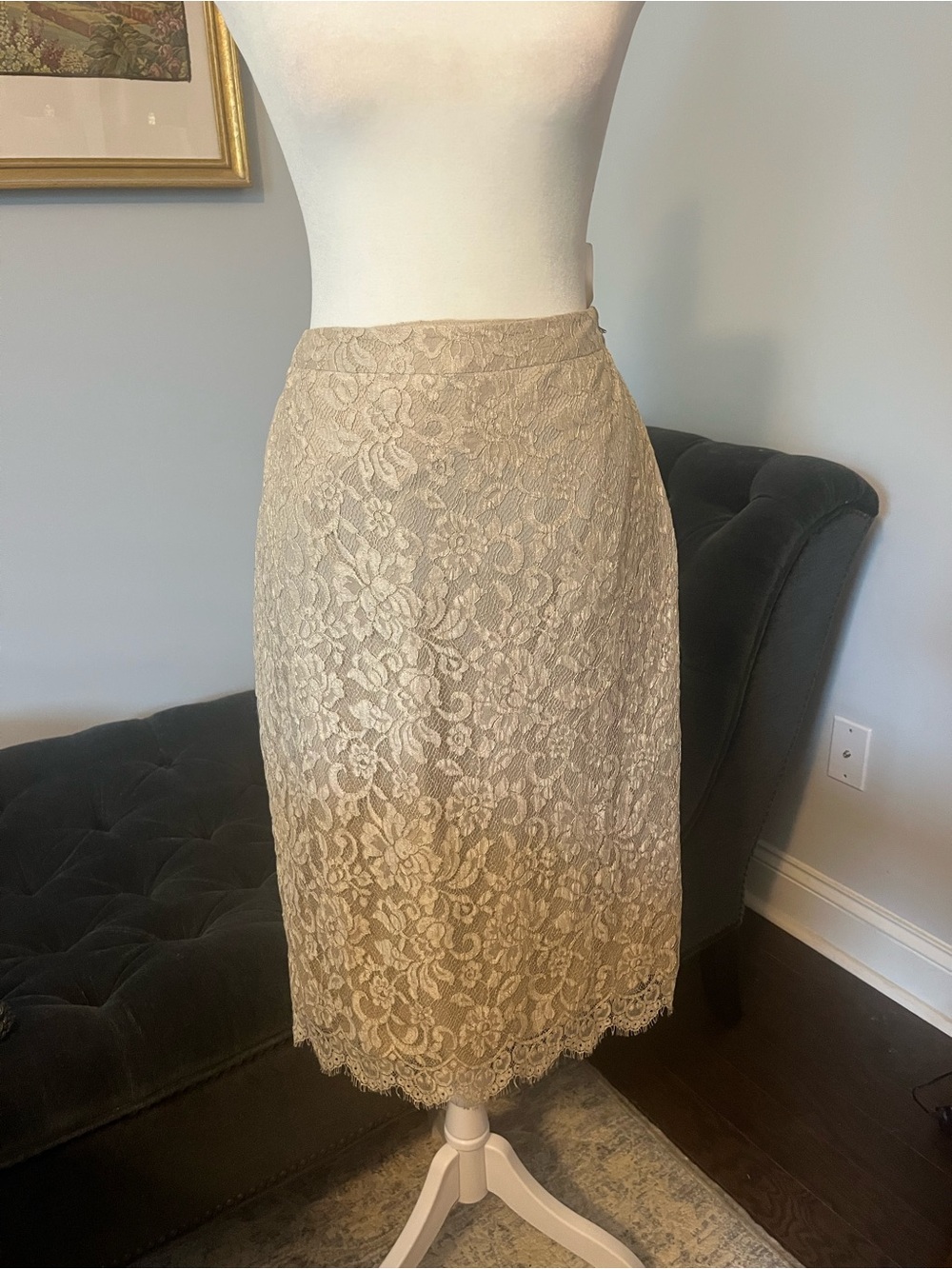 Champagne and Gold Lace Pencil Skirt - Elegant Women's Skirt